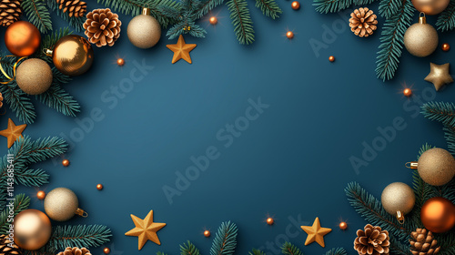 Christmas Frame with Ornaments and Pine Branches | Blue Background, Festive Border photo