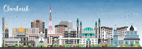 Cherkessk Russia city skyline with color buildings and blue sky. Cherkessk cityscape with landmarks. Business travel and tourism concept with modern and historic architecture.
