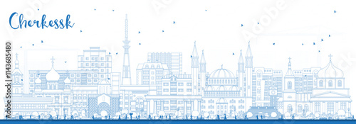 Outline Cherkessk Russia city skyline with blue buildings. Cherkessk cityscape with landmarks. Business travel and tourism concept with modern and historic architecture.
