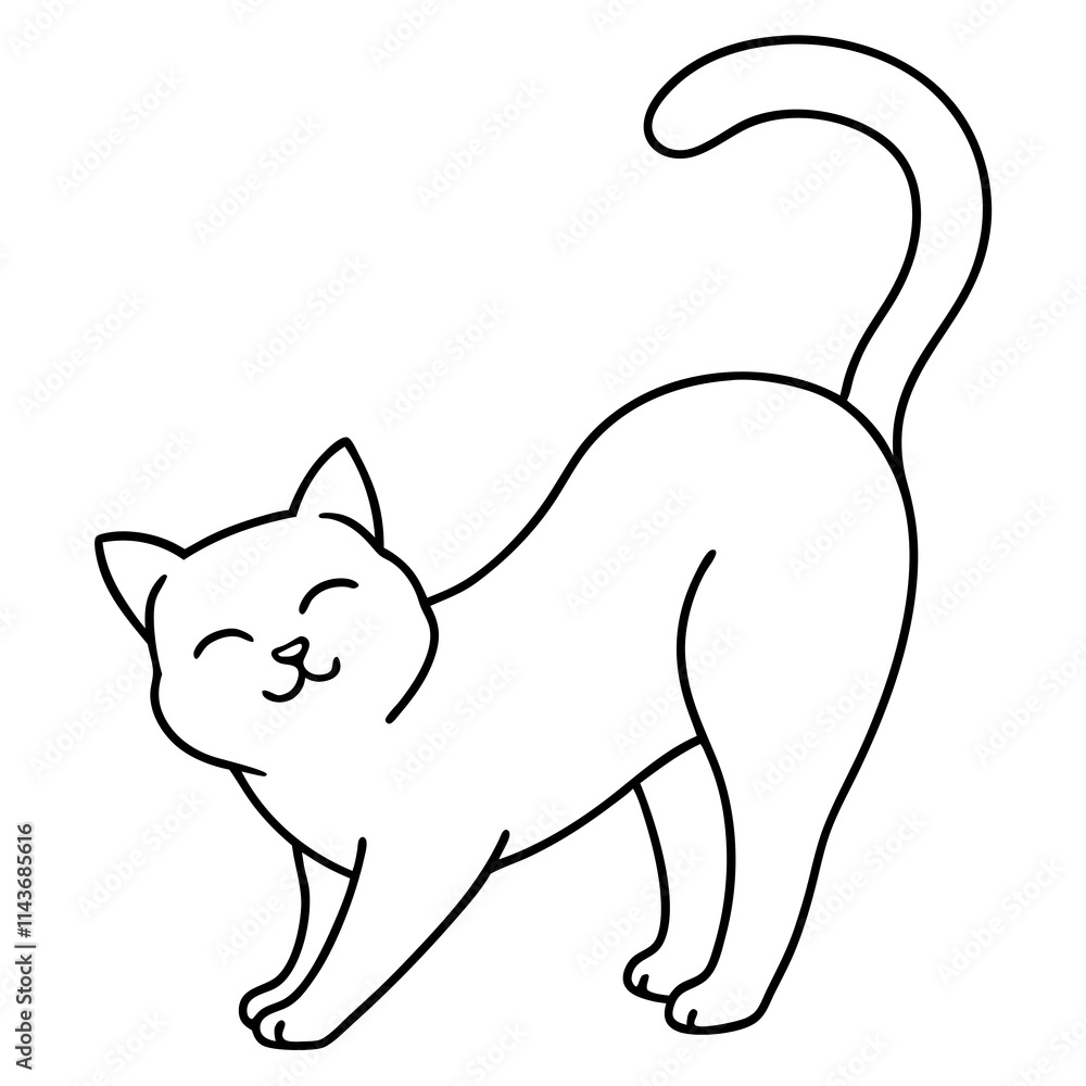 A minimalist line drawing of a cat stretching with a happy face A minimalist line drawing of a cat stretching with a happy face