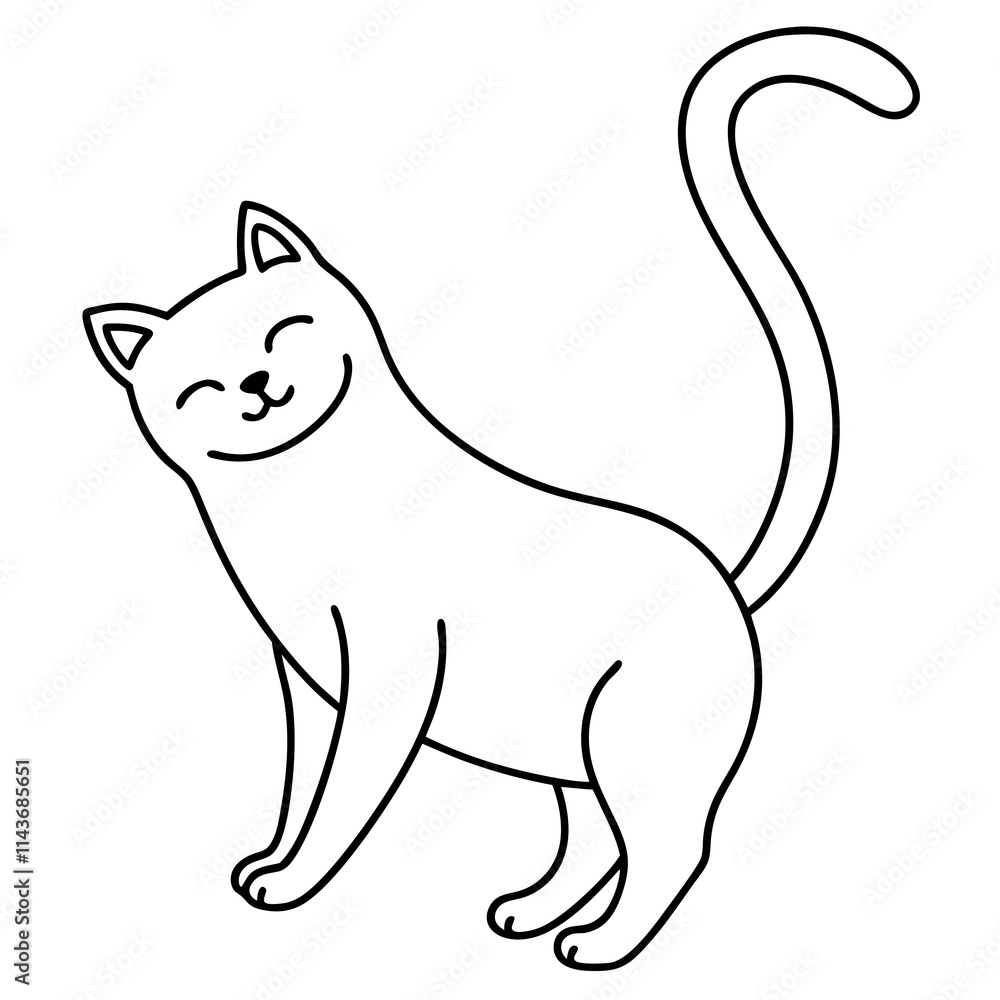 A minimalist line drawing of a cat stretching with a happy face A minimalist line drawing of a cat stretching with a happy face