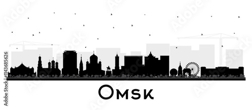 Omsk Russia city skyline silhouette with black buildings isolated on white. Omsk cityscape with landmarks. Business travel and tourism concept with modern and historic architecture.