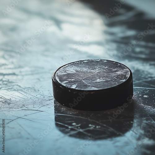 A black hockey puck resting on a reflective surface, showcasing its texture and purpose. photo