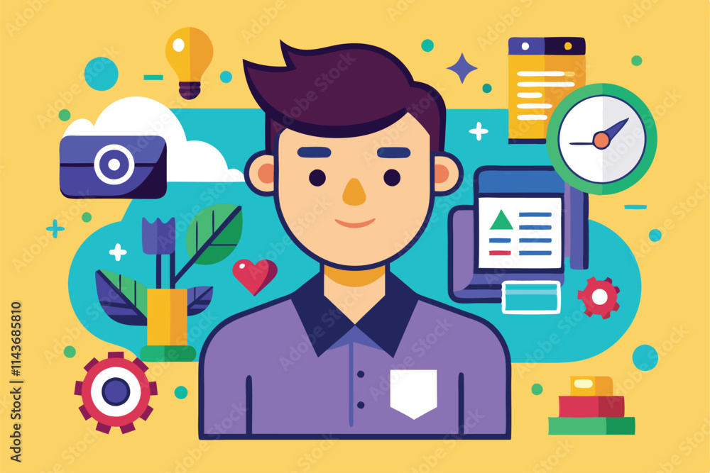 A colorful flat illustration features a person with digital tools and icons representing creativity and productivity Revamp Flat Illustration with Customization A colorful flat illustration features a person with digital tools and icons representing creativity and productivity Revamp Flat Illustration with Customization