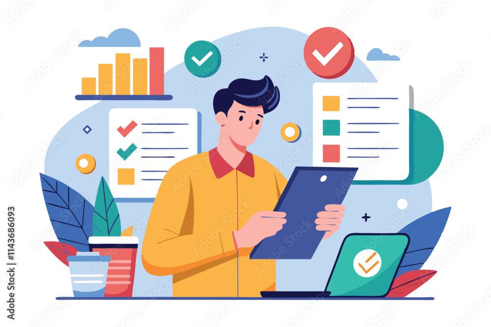 A person analyzes business rules using a tablet and a laptop in a vibrant office environment Reviewing business rules, simple illustration A person analyzes business rules using a tablet and a laptop in a vibrant office environment Reviewing business rules, simple illustration