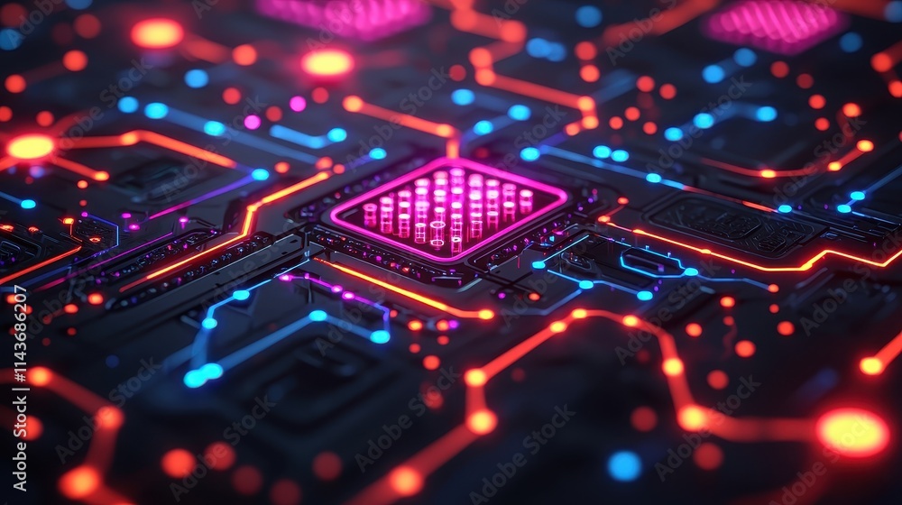 Futuristic Circuit Board with Neon Glow and Abstract Design Futuristic Circuit Board with Neon Glow and Abstract Design