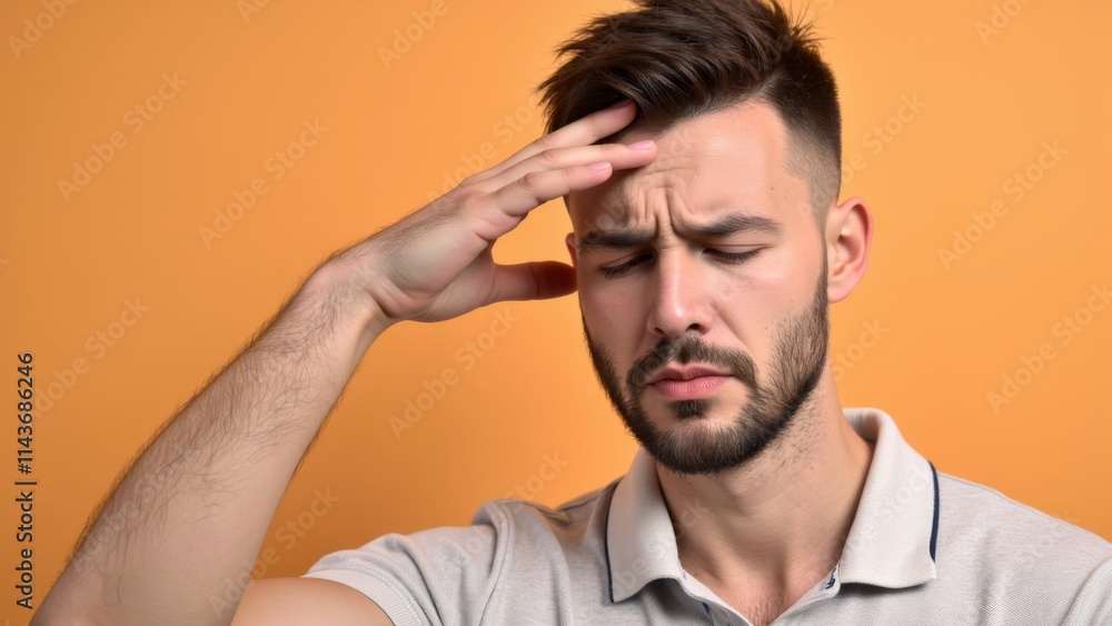 Man in Polo Shirt Displaying Signs of Stress, Eyes Shut, Hand to Forehead, Amidst a Solid Background Man in Polo Shirt Displaying Signs of Stress, Eyes Shut, Hand to Forehead, Amidst a Solid Background