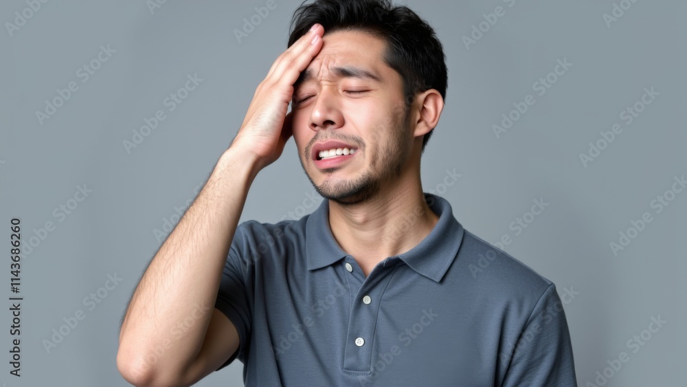 Fototapeta premium Man in Polo Shirt Displaying Signs of Stress, Eyes Shut, Hand to Forehead, Amidst a Solid Background