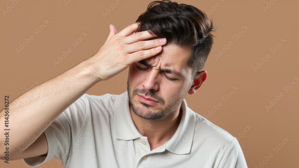 Man in Polo Shirt Displaying Signs of Stress, Eyes Shut, Hand to Forehead, Amidst a Solid Background Man in Polo Shirt Displaying Signs of Stress, Eyes Shut, Hand to Forehead, Amidst a Solid Background