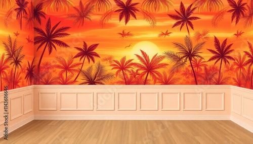 Tropical Sunset Living Room Wallpaper with warm oranges, reds, and yellows reminiscent of a sunset. The skirting boards are painted in soft peach. photo