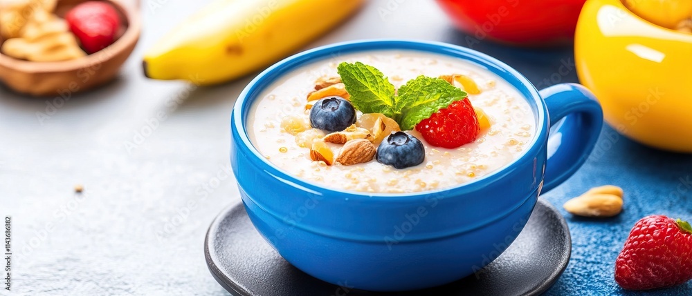 A vibrant bowl of oatmeal topped with fresh berries, nuts, and mint, accompanied by a banana, ideal for a nutritious breakfast. A vibrant bowl of oatmeal topped with fresh berries, nuts, and mint, accompanied by a banana, ideal for a nutritious breakfast.