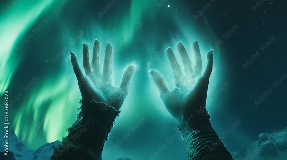 Hands reaching towards an ethereal aurora borealis in a night sky. Hands reaching towards an ethereal aurora borealis in a night sky.