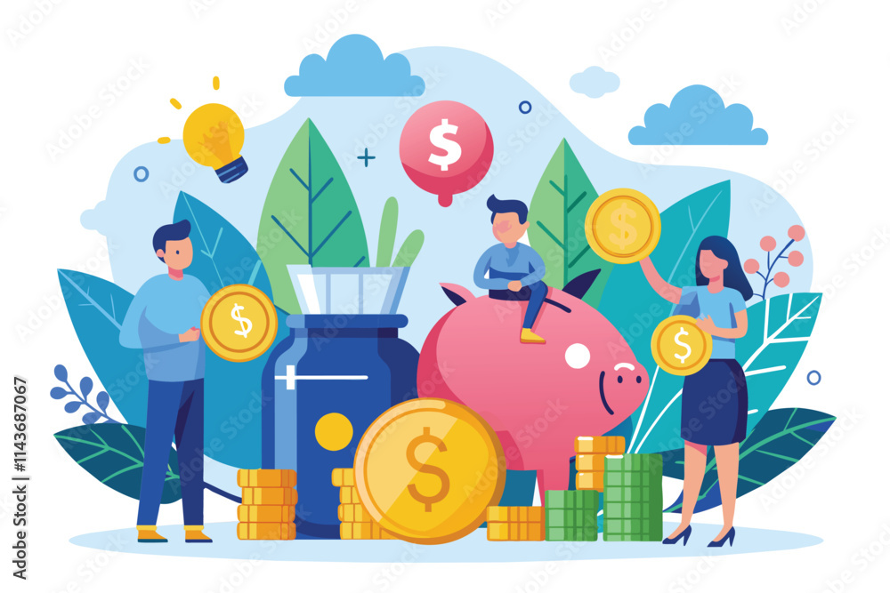 People are actively saving money using coins, a piggy bank, and enjoying a vibrant financial environment Save money with a flat illustration. People are actively saving money using coins, a piggy bank, and enjoying a vibrant financial environment Save money with a flat illustration.