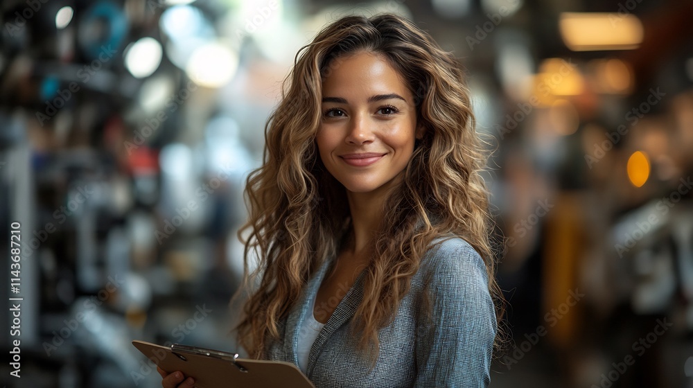 Obraz premium Businesswoman standing in a corporate studio holding a clipboard and smiling while discussing plans with her team