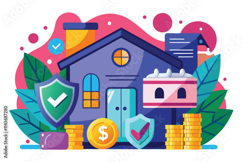 This illustration depicts a cozy home surrounded by symbols of savings, security, and financial growth Savings in a secure flat illustration.