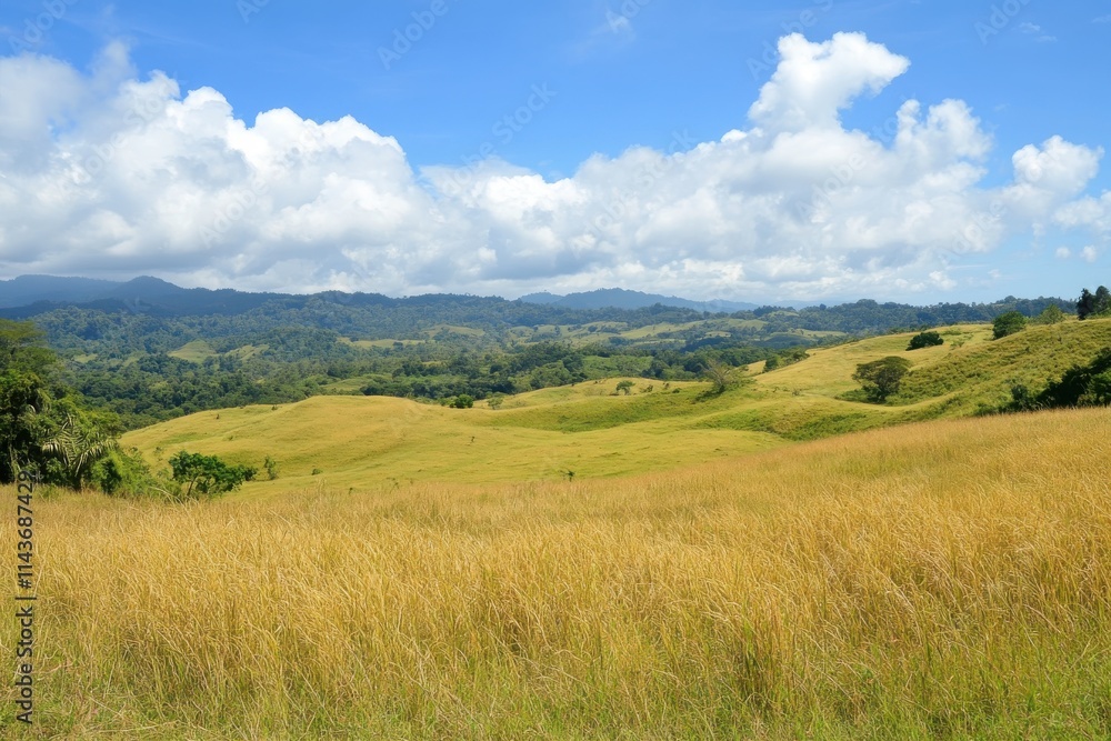 An endless expanse of golden fields captures the warmth of the sun, flowing into rolling hills of green that lead to a distant forest An endless expanse of golden fields captures the warmth of the sun, flowing into rolling hills of green that lead to a distant forest