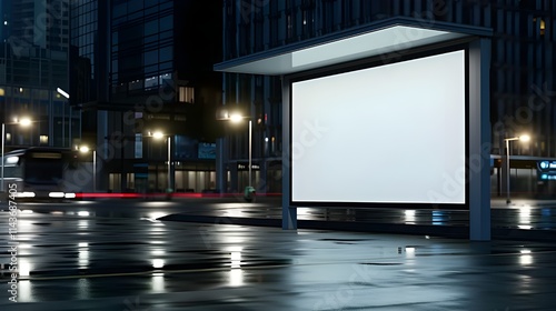 a bus stop in a big city, a white billboard