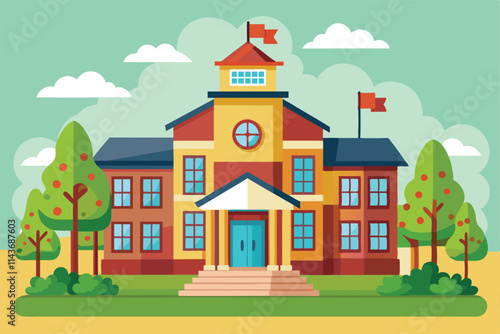 A vibrant school building with colorful flags, surrounded by green trees against a bright sky School illustration that can be customized.