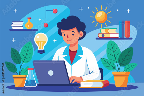 A focused scientist uses a laptop to study while surrounded by plants and science tools in a vibrant space Science studying with laptop, flat illustration