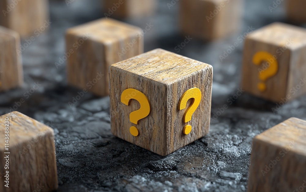Cubes with question marks and a yellow checkmark cube, symbolizing a choice or decision to be made, approval and completion, AIgenerated decisionmaking concept Cubes with question marks and a yellow checkmark cube, symbolizing a choice or decision to be made, approval and completion, AIgenerated decisionmaking concept