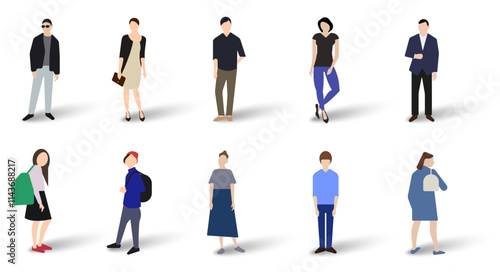 Ten fictional characters, men and women, a mixed group. Flat vector illustration isolated on white background.