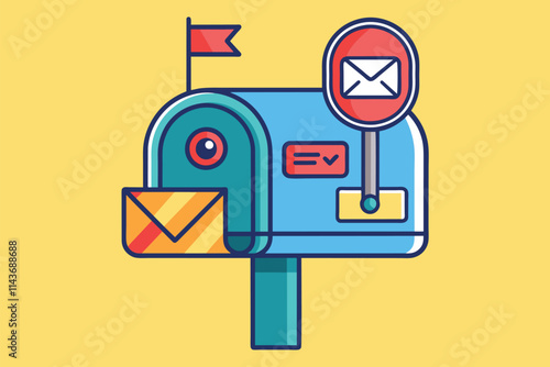 A colorful mailbox design features an envelope and a notification icon, symbolizing secure mail delivery Secure mail, simple illustration