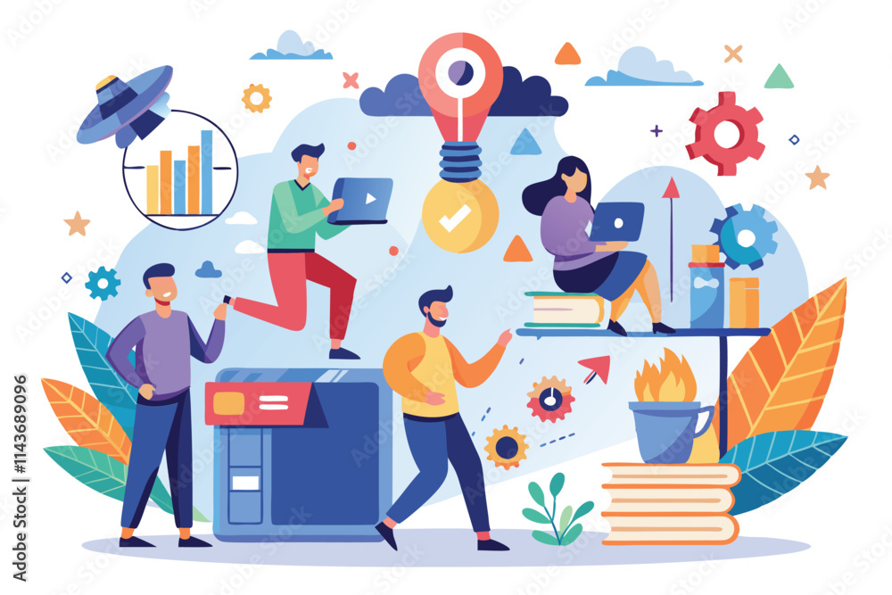 Individuals actively engaging with various tools and resources to boost productivity in a creative workspace Seeking ways to enhance productivity through flat illustrations. Individuals actively engaging with various tools and resources to boost productivity in a creative workspace Seeking ways to enhance productivity through flat illustrations.
