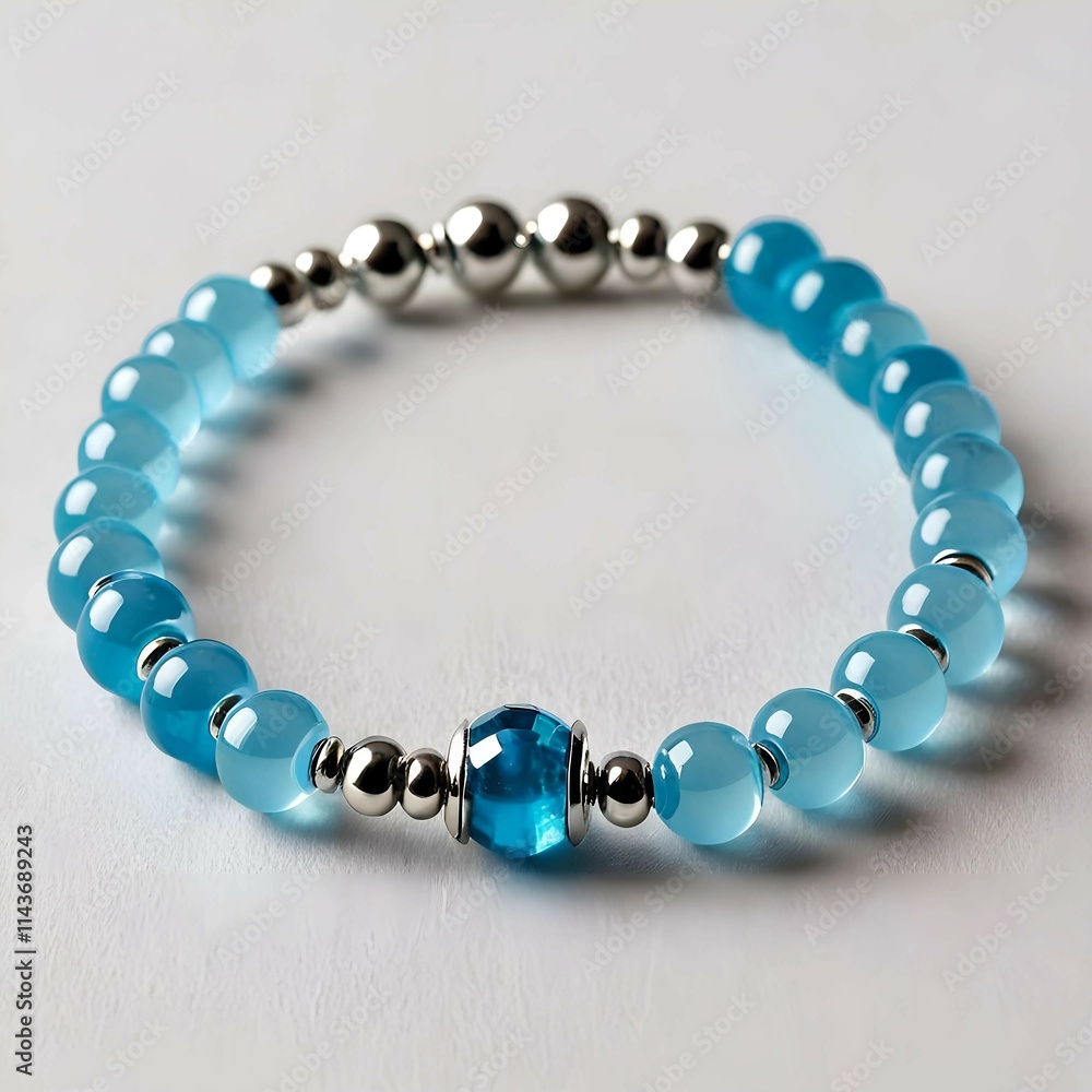 Obraz premium A beautifully crafted bracelet with ocean-colored beads, highlighted by a shimmering central stone.