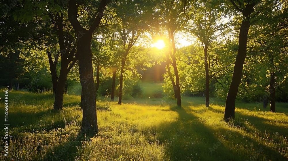 Fototapeta premium Sunlight filtering through trees in a forest. Concept of nature, peace, and tranquility.