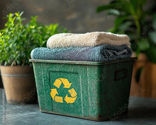 Green recycling bin filled with clean folded clothes and towels photo