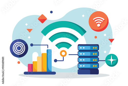 A flat illustration depicting Wi-Fi setup alongside data installation, showcasing network development Set up Wi-Fi and flat illustration data installation.