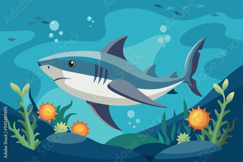 Experience the thrill of diving with sharks surrounded by colorful marine plants and seascapes Shark diving with customizable semi-flat illustration.
