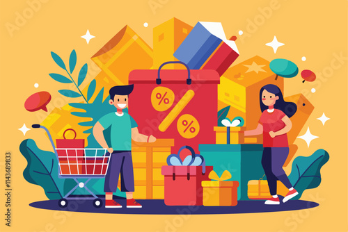 Two shoppers enjoy a vibrant discount shopping experience surrounded by colorful gifts and bags Shopping discount, flat illustration.