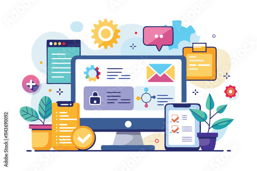 A colorful arrangement of digital workspace elements illustrating productivity tools and interactions Simple and customizable flat illustrations for low code development.