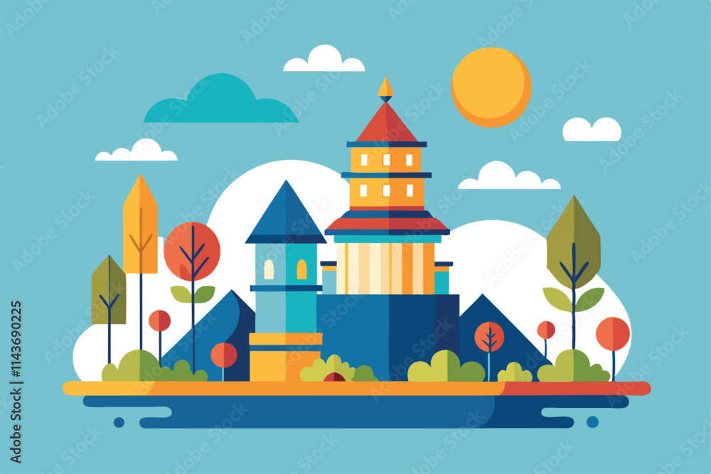 Naklejka premium The artwork features a vibrant castle, playful trees, and a bright sun against a blue background Simple flat illustration following abstract rules.