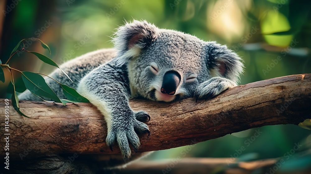 Fototapeta premium Sleepy Koala on a Tree Branch. Australian Wildlife, Nature, Relaxation