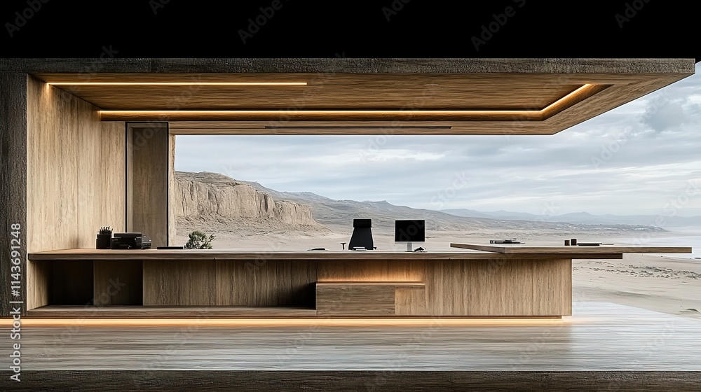 Modern Study Interior Perspective - Large Windows Allowing Natural Light, Light Color Palette, Green Plants, Contemporary Furniture, Modern Design Aesthetic Modern Study Interior Perspective - Large Windows Allowing Natural Light, Light Color Palette, Green Plants, Contemporary Furniture, Modern Design Aesthetic