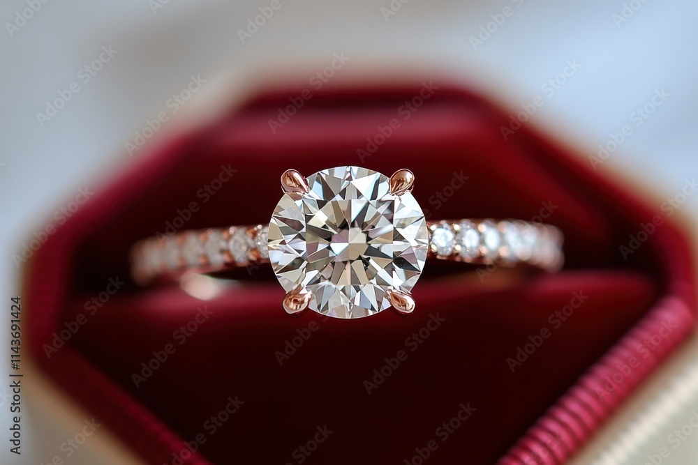 Diamond engagement ring brilliant cut halo setting pave band platinum luxury jewelry red rose petals backdrop Diamond engagement ring brilliant cut halo setting pave band platinum luxury jewelry red rose petals backdrop