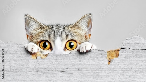 Curious Cat with Bright Yellow Eyes Peeking Over Weathered Wooden Fence – Playful Feline Close-Up Against Neutral Background