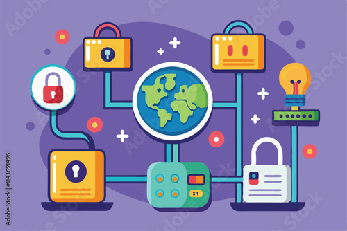A vibrant depiction of multiple secured connections showcasing sockets, locks, and a globe Sockets ensure secure and private connections, illustrated flatly.