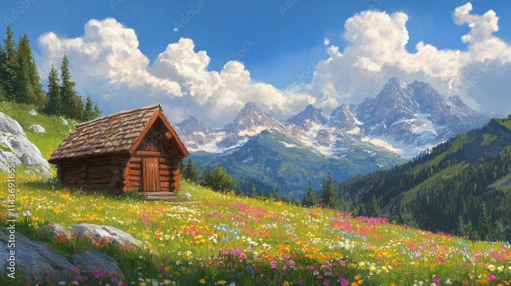Alpine Cabin nestled in a vibrant Wildflower Meadow Alpine Cabin nestled in a vibrant Wildflower Meadow