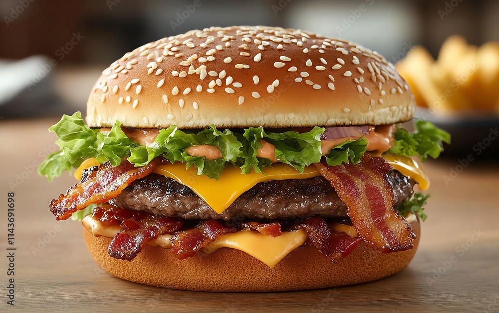 An indulgent bacon cheeseburger with layers of fresh lettuce and cheese, sesame seed bun, photographed in vibrant colors, perfect texture An indulgent bacon cheeseburger with layers of fresh lettuce and cheese, sesame seed bun, photographed in vibrant colors, perfect texture
