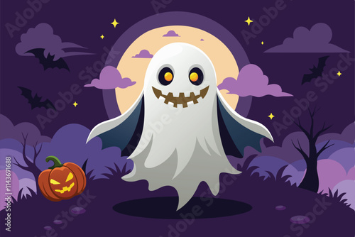 A playful ghost stands in a twilight setting, surrounded by bats, a grinning pumpkin, and eerie clouds Spooky customizable ghost illustration