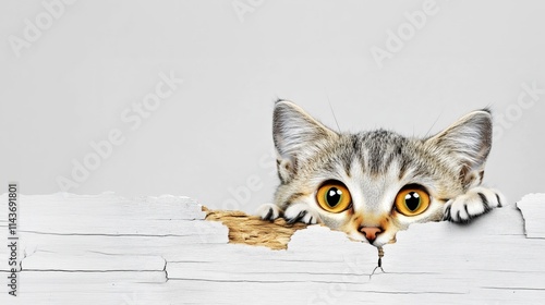 Tabby Cat with Bright Yellow Eyes Peeking Over White Rustic Wooden Fence – Curious Feline Close-Up, Animal Wallpaper with Copy Space