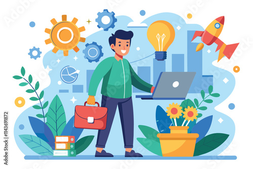 A person stands with a laptop and briefcase in a vibrant workspace, ready to start a business venture Starting a business with a simple illustration.