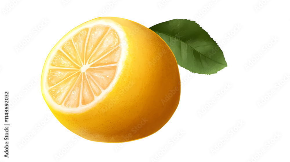 Yellow lemon fruit with a green leaf, isolated on transparent Yellow lemon fruit with a green leaf, isolated on transparent