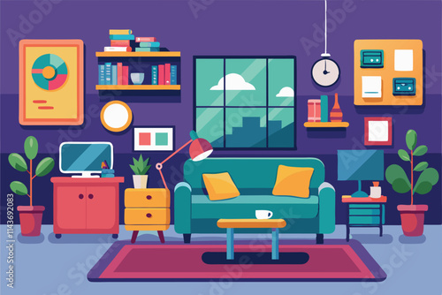 This cheerful living area features a green sofa, plants, and colorful decorations, creating a cozy atmosphere Stay in a customizable flat illustration.