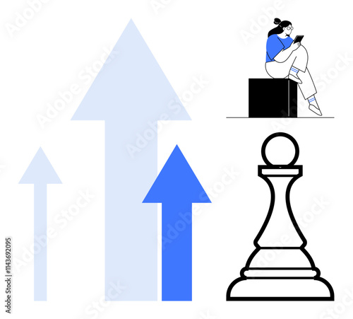 Three upward arrows, a chess pawn, and person seated using tablet. Ideal for business growth, strategy, planning, success, decision making professional development and innovation themes. Line