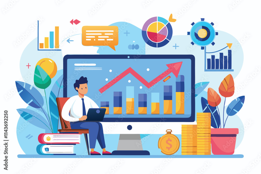 A professional analyzing stock trends with rising graphs and colorful data visuals in a modern workspace Stock market analysis shows a trending and flat illustration. A professional analyzing stock trends with rising graphs and colorful data visuals in a modern workspace Stock market analysis shows a trending and flat illustration.