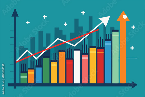 This graphic displays a consistent upward trend in stock market performance over time with colorful bars Stock market analysis shows a steady trend.